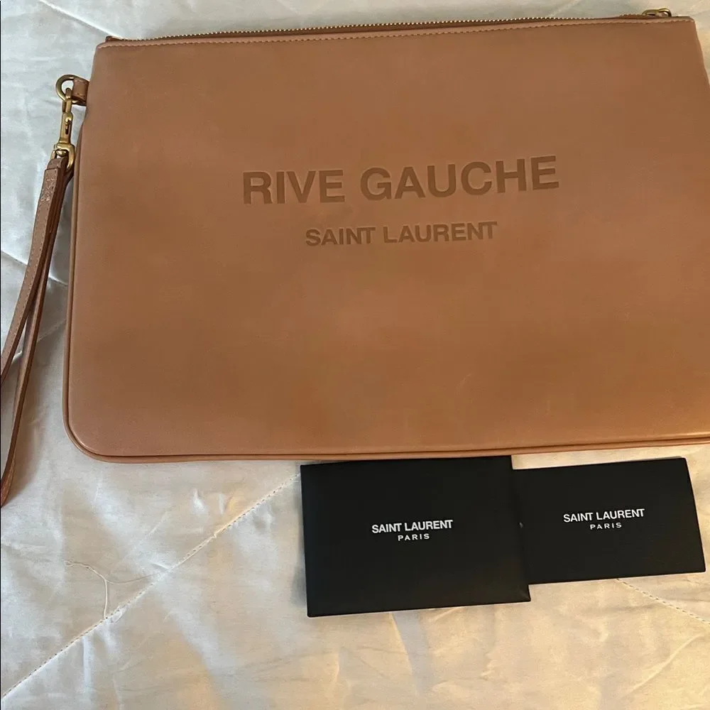 YSL Saint Laurent Rive Gauche Leather Wristlet Pouch - Camel - Picture 2 of 16
